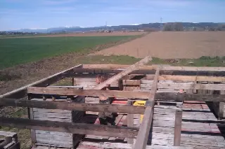 Personne au milieu d'une charpente en bois posée sur des caisses de récupération, en bordure de champs