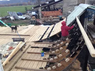 Personne en sweat rouge posant les lattes d'une courbe en bois, un chien sur le plancher