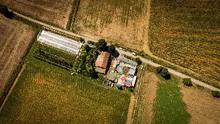 Vue aérienne d'une propriété avec serres, bâtiments et rampes au milieu des champs