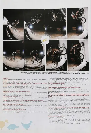 Page de magazine avec une séquence de photos de nuit d'un rider en BMX et une interview en colonnes