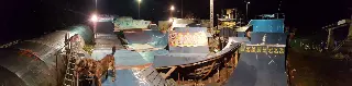 Vue panoramique des rampes éclairées de nuit, un chien au premier plan